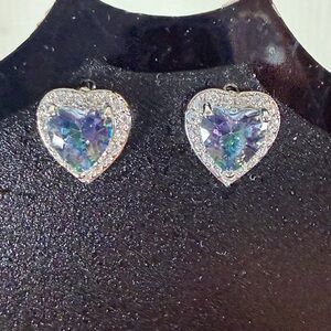Heart-Shaped Silver and Blue Crystal Earrings